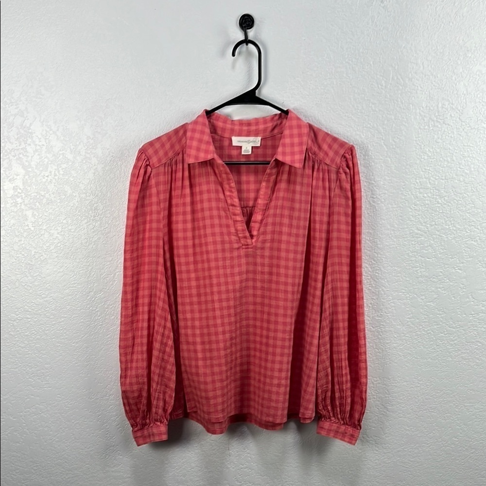 Treasure & Bond Coral Checkered Blouse Long Sleeve Cotton Blend Chic Sz S TC0744